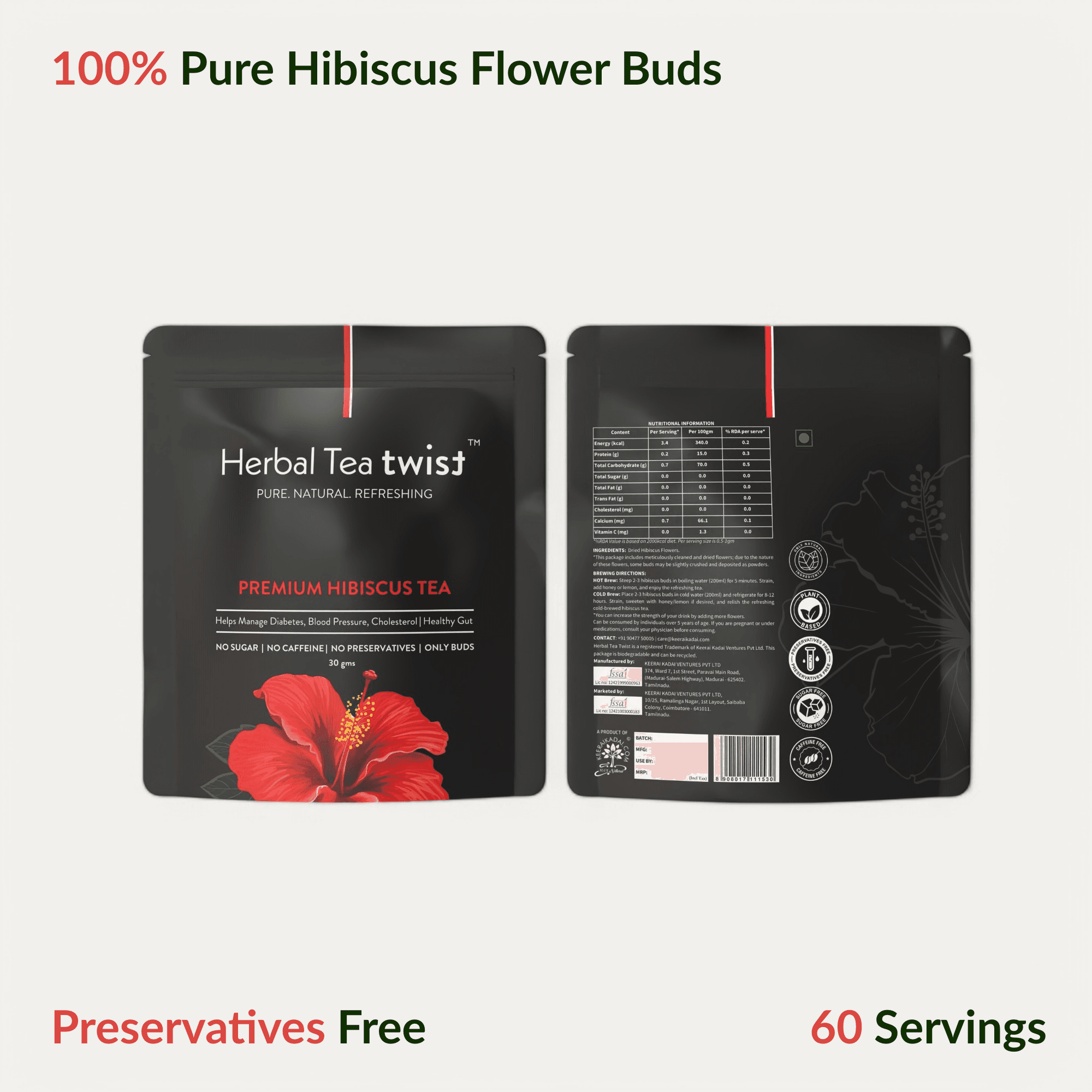 Premium Hibiscus Whole Buds, 60 Servings